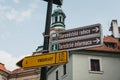 Directional signs to Tourist Center Ã¢â¬ÅTuristicke informaceÃ¢â¬Â and Old Town Ã¢â¬ÅStaromestka radniceÃ¢â¬Â in Prague,Czech Republic